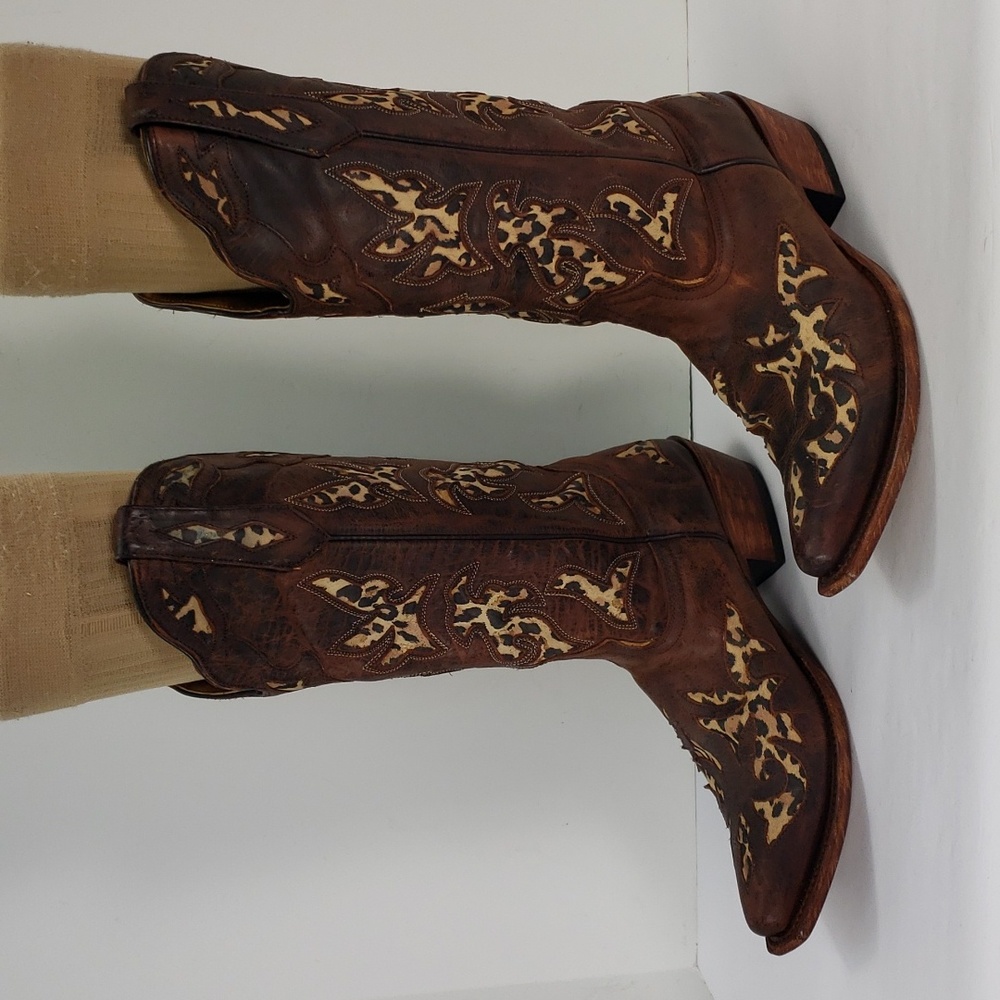 JOHNNY RINGO BROWN LEATHER LEOPARD PRINT INLAY SNIP TOE COWBOY BOOTS WOMEN'S 8 B